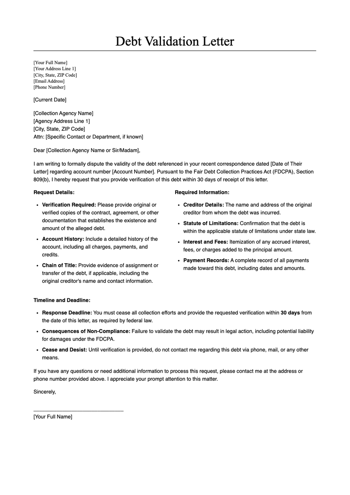 Debt verification letter template with placeholder fields and bullet point instructions_variant_3